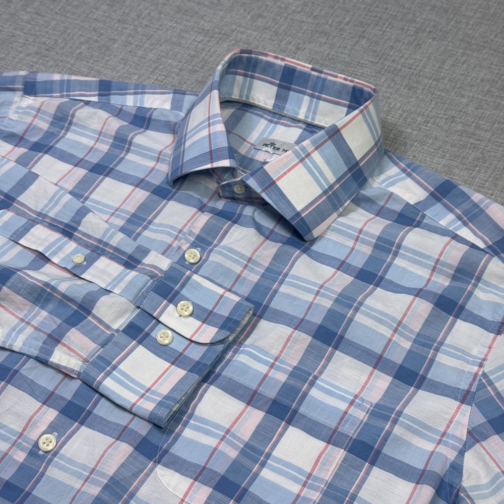 Peter Millar Button-Up Shirt Mens Large Blue Plaid Stretch Cotton Long Sleeve